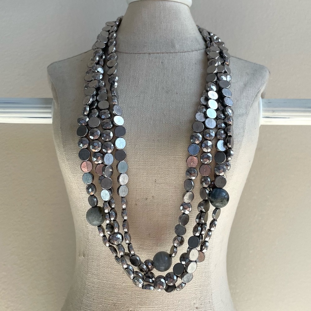 Statement Multi Layered Silver Beaded And Gray St… - image 7